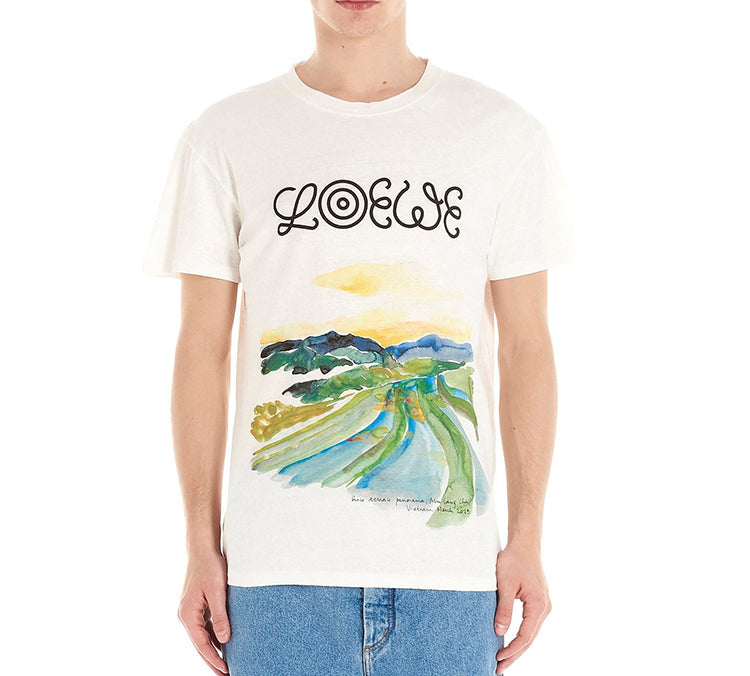 Men's LOEWE Watercolor Printing Cotton Short Sleeve White H6109831PC-2100