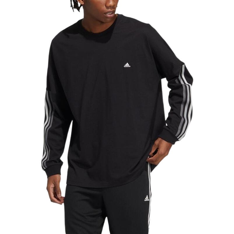 Men's adidas Logo Stripe Printing Round Neck Pullover Long Sleeves Japanese Version Black T-Shirt HC9977