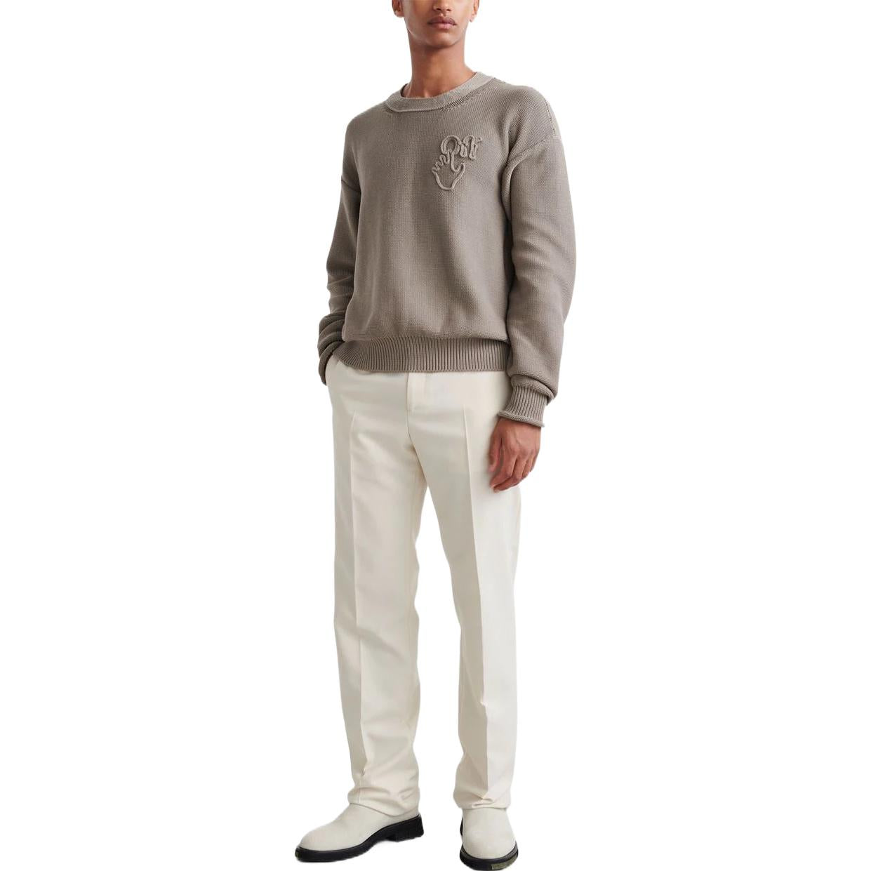 Men's Off-White FW22 Logo Round Neck Pullover Long Sleeves Wool Sweater Version Brown OMHE107S22KNI0011717