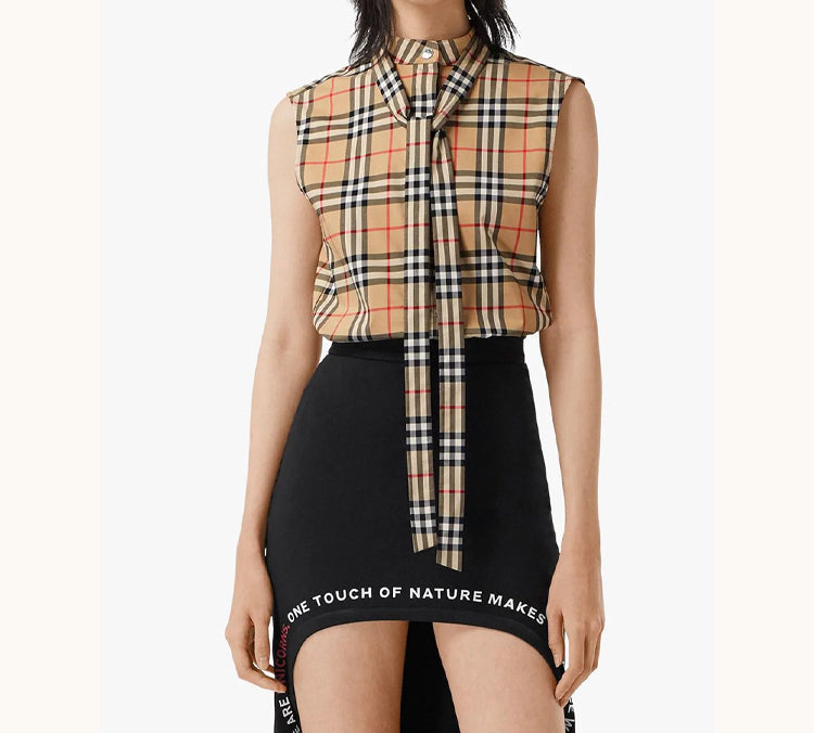 (WMNS) Burberry Vintage Check tie-neck Plaid Shirt Beige 80258241