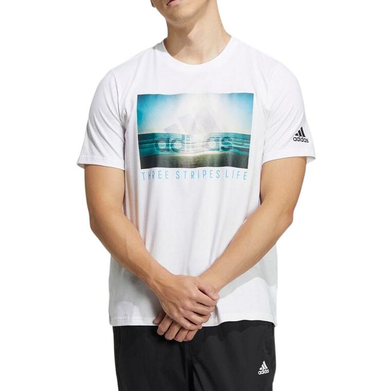 adidas Logo Sunset Printing Round Neck Short Sleeve White HN0401