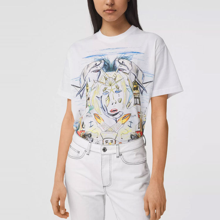 Burberry Ocean Sketch Printing Cotton Loose Short Sleeve White 80407711
