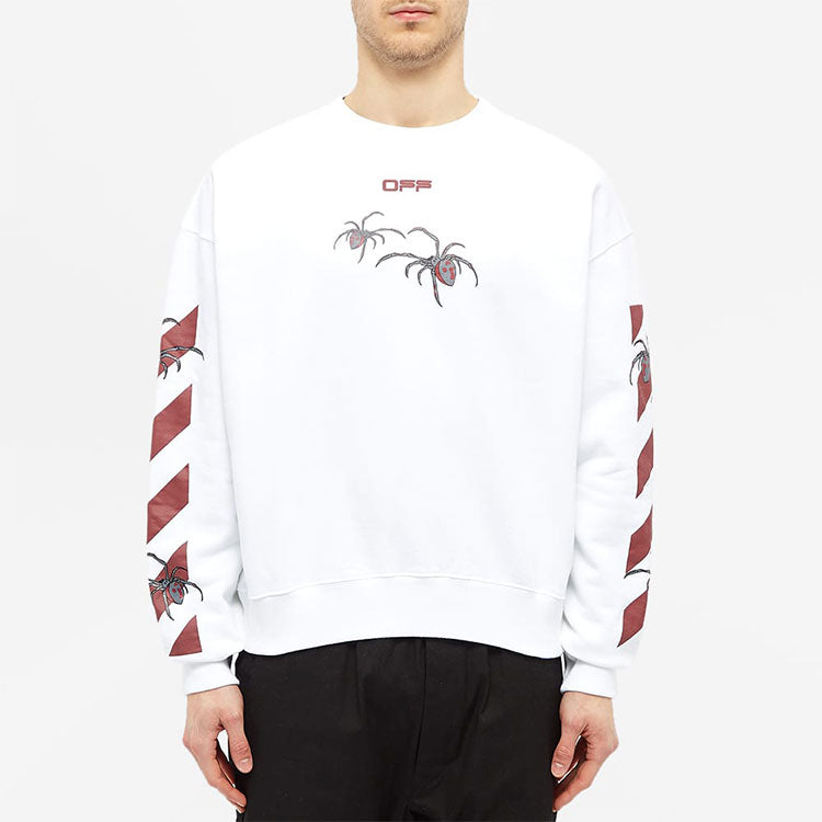Men's Off-White Logo Spider Printing Round Neck Long Sleeves White OMBA035S20E300010124