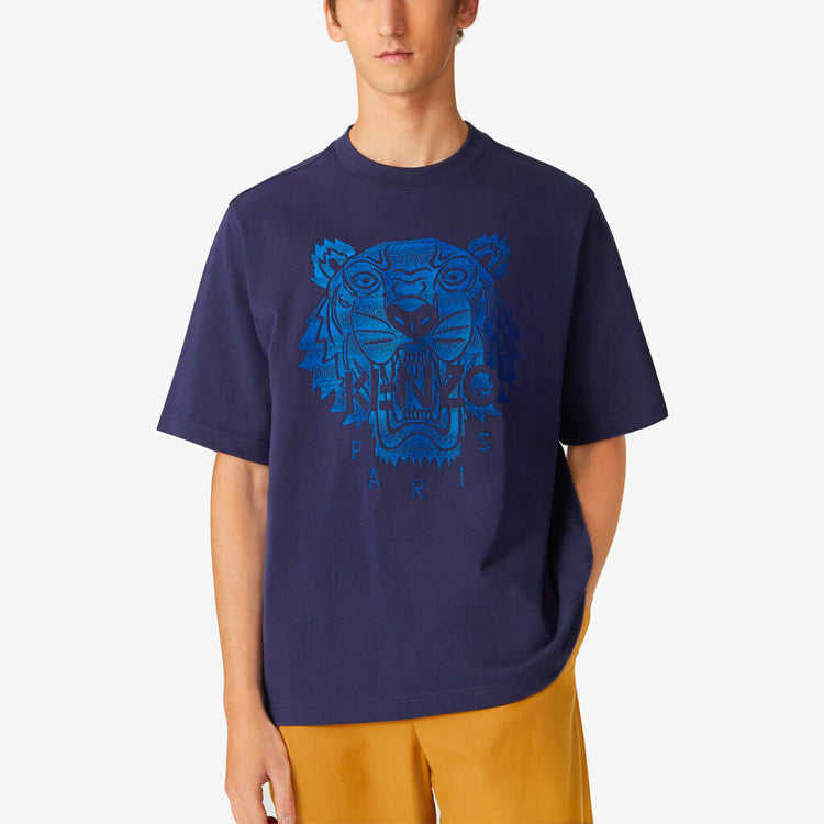 Men's KENZO SS21 Tiger Head Pattern Embroidered Logo Loose Round Neck Short Sleeve Navy Blue FB55TS0694YF-76