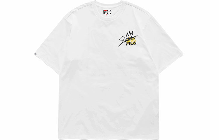 Men's FILA FUSION Alphabet Printing Loose Round Neck Knit Short Sleeve White T11M121107F-WT