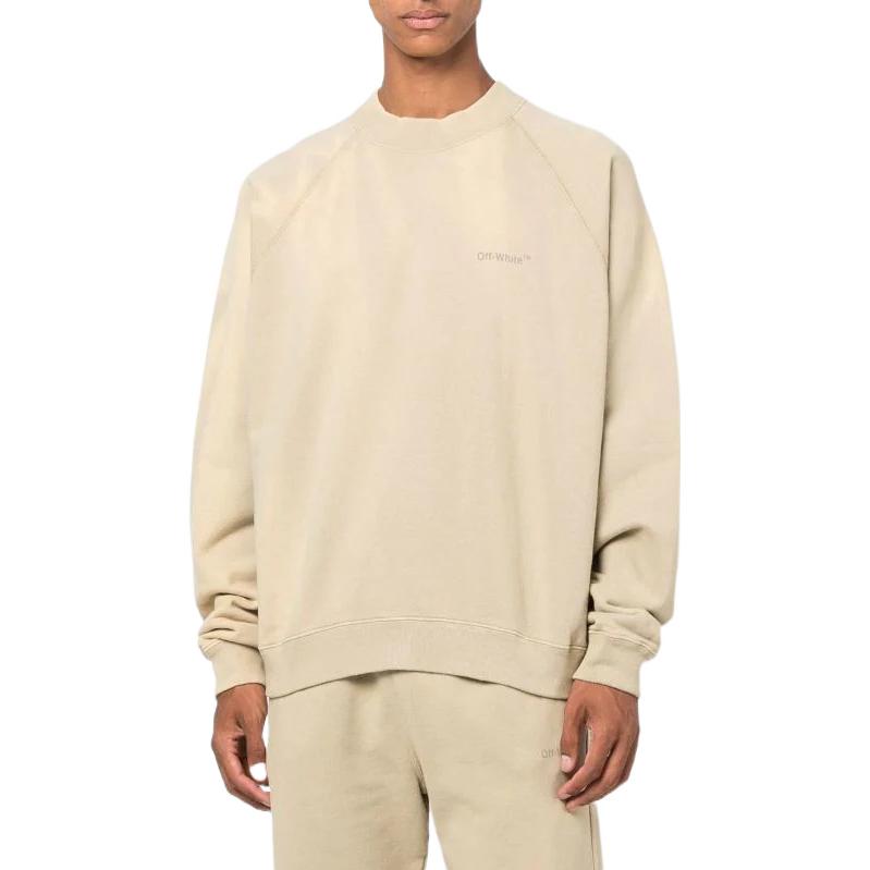 Men's Off-White FW22 Logo Embroidered Stripe Round Neck Long Sleeves Beige OMBA056F22FLE0011717