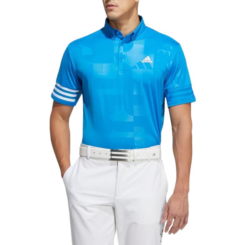 Men's adidas Stripe Embossing Printing Logo Short Sleeve Button Blue Polo Shirt HA3114
