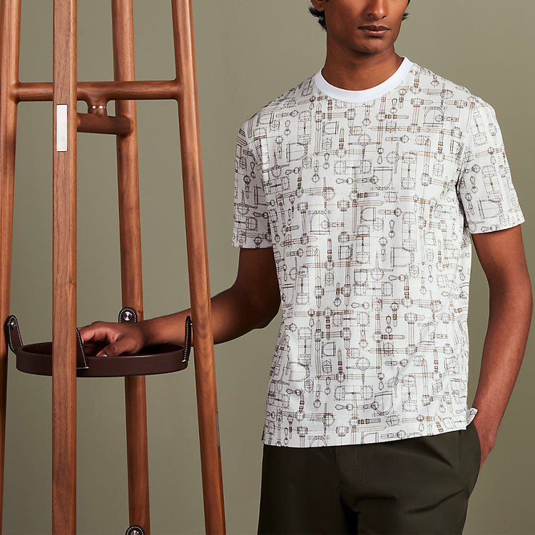 Men's HERMES SS21 Labyrinthe Equestre Full Print Pattern Printing Round Neck Short Sleeve Creamy White H037735HA1V