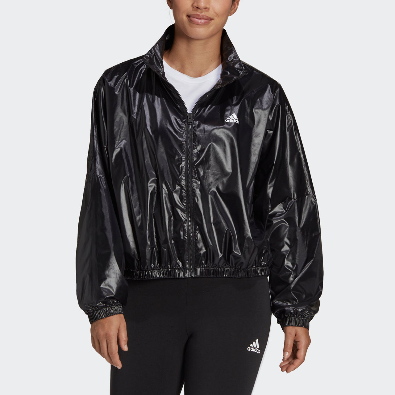 (WMNS) adidas Wvn Jacket Logo Printing Glossy Stand Up Collar Jacket Coat Black HI1197