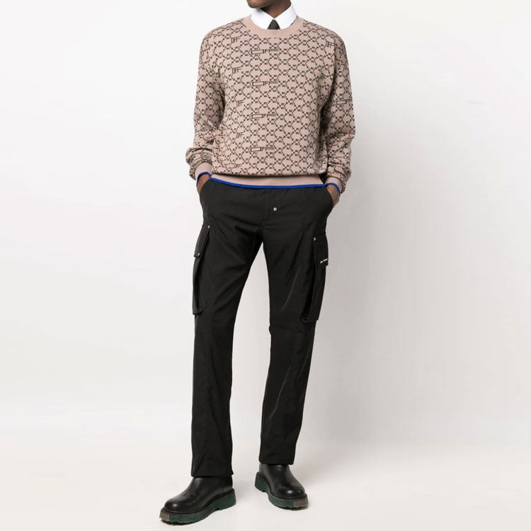 Men's Off-White Logo Pattern Ribbed Knit Pullover Wool Sweater Version Beige OMHE118S22KNI0016210