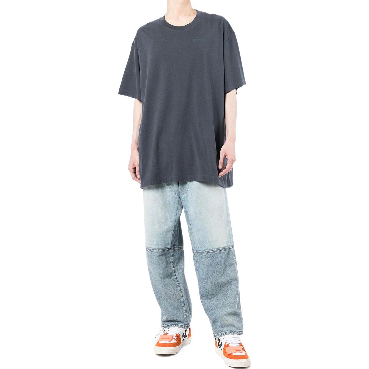 Men's Off-White Stripe Printing Short Sleeve Loose Fit Navy Blue T-Shirt OMAA038S22JER0024646