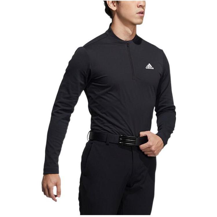 Men's adidas Solid Color Half Zipper Stand Collar Long Sleeves Black T-Shirt GT3652