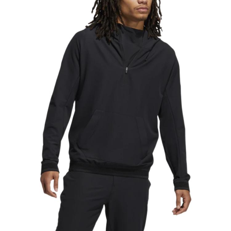 Men's adidas Adicross Solid Color Hooded Half Zipper Kangaroo Pocket Long Sleeves Black GM1206