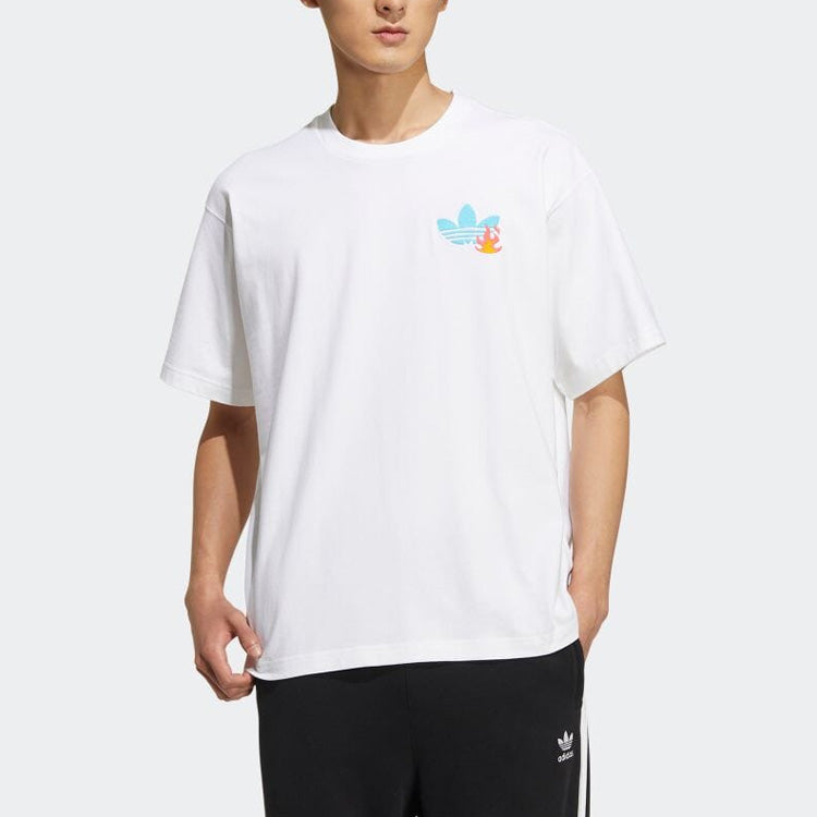 Men's adidas Logo Cartoon Pattern Embroidered Round Neck Short Sleeve White T-Shirt HM8043