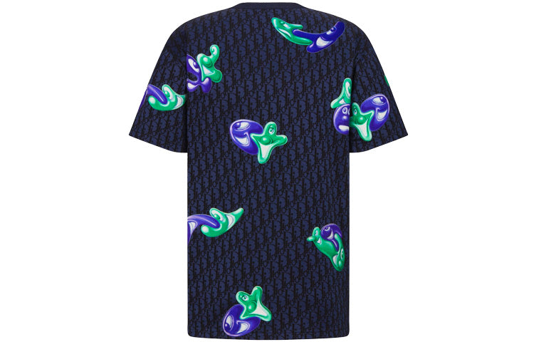 Men's DIOR x KENNY SCHARF Crossover FW21 Cotton Jacquard Pattern Short Sleeve Navy Blue 193J685C0704-C589