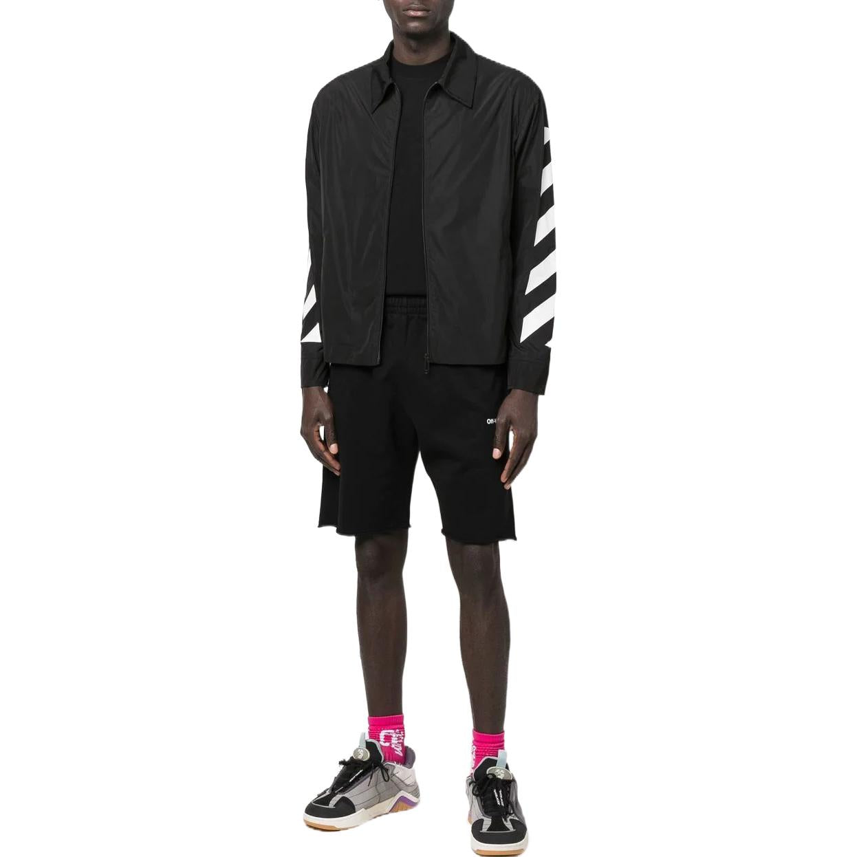 Men's Off-White FW22 Sleeve Side Stripe Design Lapel Zipper Jacket Black OMEA311C99FAB00110011001