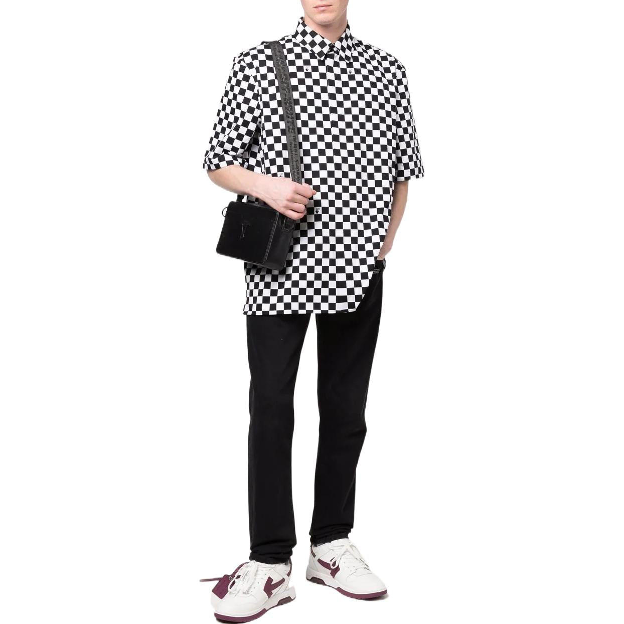 Men's Off-White Plaid Lapel Short Sleeve Black Shirt OMGA216S22FAB0021001