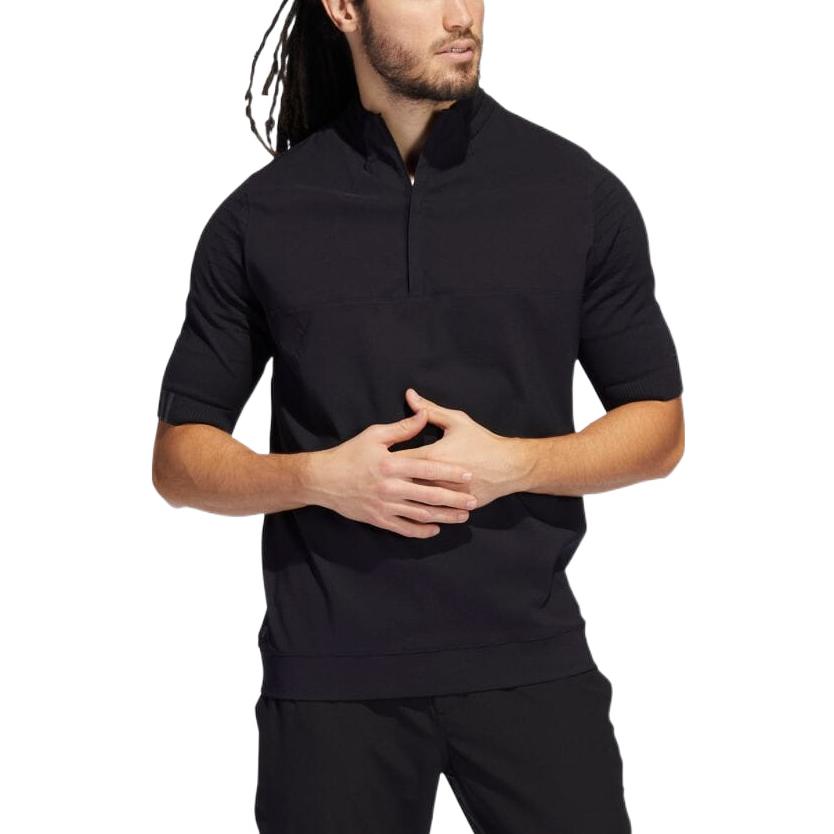 Men's adidas Solid Color Stand Collar Pullover Short Sleeve Black T-Shirt H61759