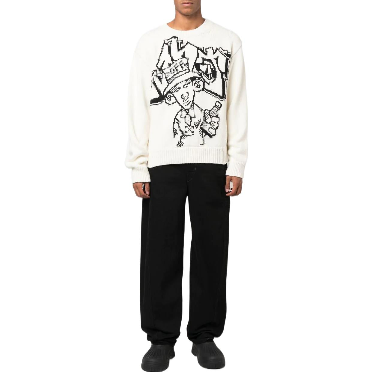 Men's Off-White FW22 Pattern Intarsia Knit Round Neck Long Sleeves Wool Sweater Loose Fit White OMHE136F22KNI0020310