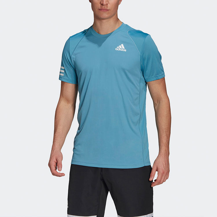 adidas Stripe Round Neck Pullover Logo Printing Solid Color Short Sleeve Light Blue GL5404