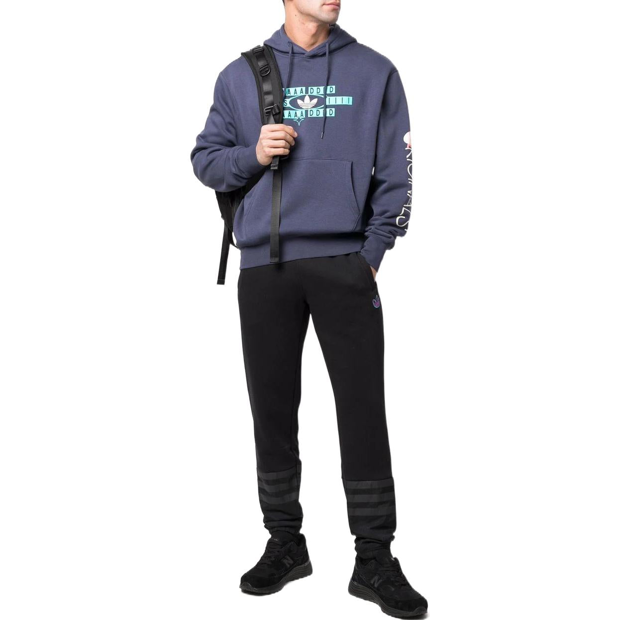 Men's adidas original Logo Printing Kangaroo Pocket Hooded Long Sleeves Blue HC2122