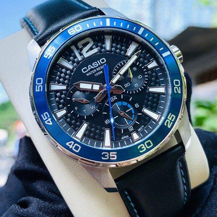 Men's CASIO Quartz 100 Meter Waterproof Date Display Regular Timing 41mm Leather Strap Watch Mens Blue Analog MTD-330L-1A2VDF