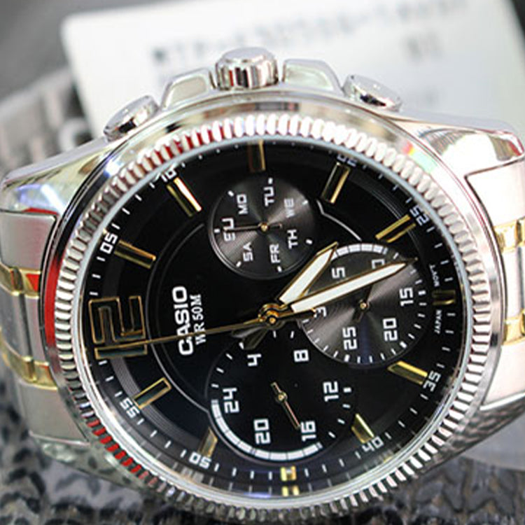 Men's CASIO Waterproof Quartz Three Eyes Dial 42mm Gold Stainless Steel Strap Watch Mens Black Analog MTP-E305SG-1AVDF
