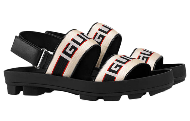 Gucci GG Jacquard Stripe Straps Soft Sole Cozy Sports Black White Sandals 523769-HJP10-9575