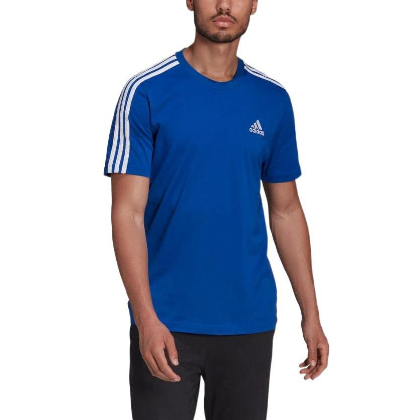 Men's adidas Stripe Round Neck Pullover Sports Short Sleeve Blue T-Shirt HE4410
