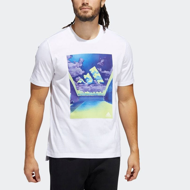 Men's adidas Geometry Clouds Logo Printing Round Neck Short Sleeve Japanese Version White T-Shirt HE2308