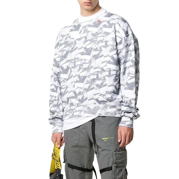 Men's Off-White Cotton Geometry Pattern Full Print Round Neck Long Sleeves White OMBA035R20E300339910