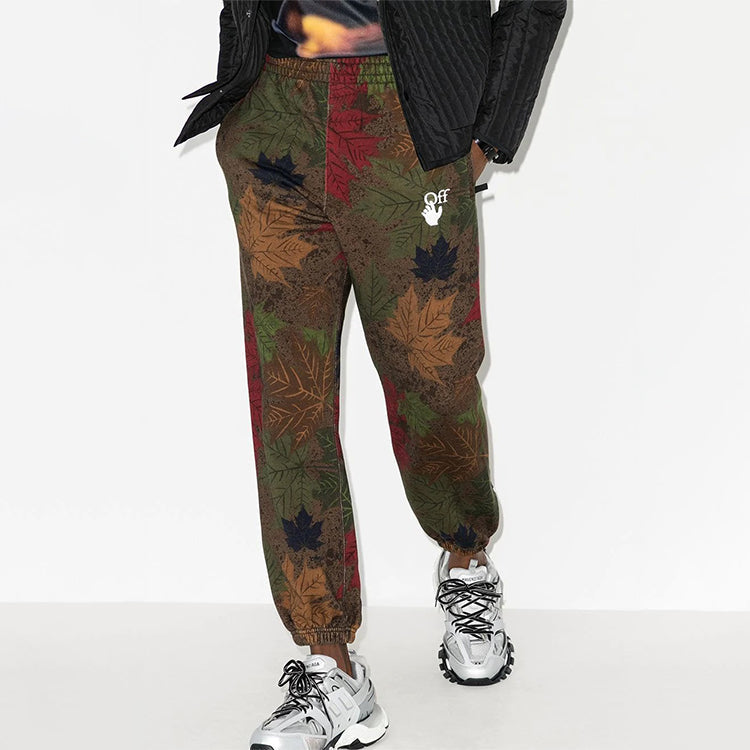 Off-White FW20 Leaf Applique Close-fitting Sports Pants Men's Khaki/Green OMCH030F20FLE0046001