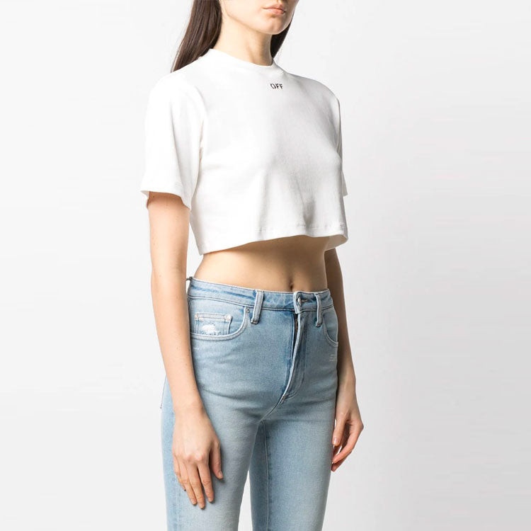 (WMNS) Off-White Logo ribbed Short Sleeve Loose Fit White OWAA081R21JER0010110