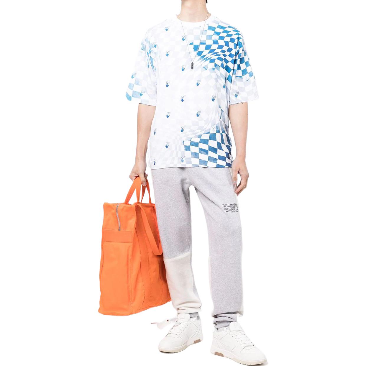 Men's Off-White FW22 Plaid Logo Printing Round Neck Short Sleeve Loose Fit Blue T-Shirt OMAA119G21JER0020145