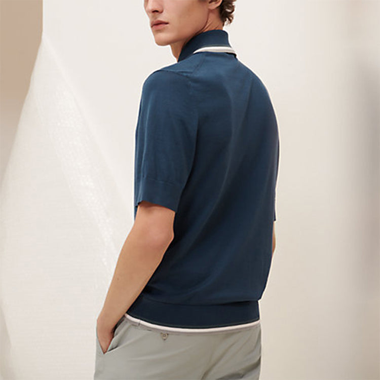 Men's HERMES SS21Rayure Et Twist Contrasting Colors Stripe Short Sleeve Polo Shirt Blue H157300HA67