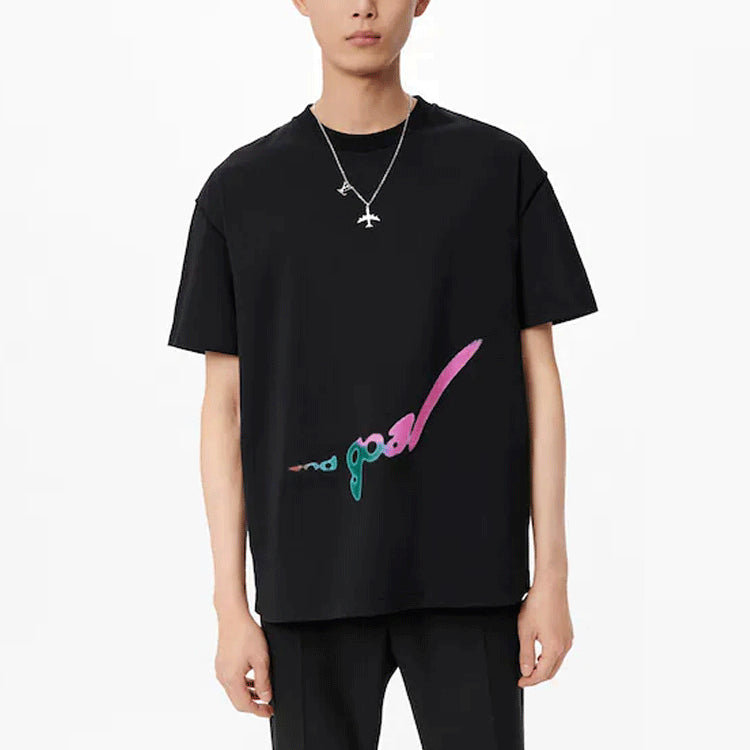 Men's LOUIS VUITTON FW21 Alphabet Printing Round Neck Short Sleeve Black 1A971L