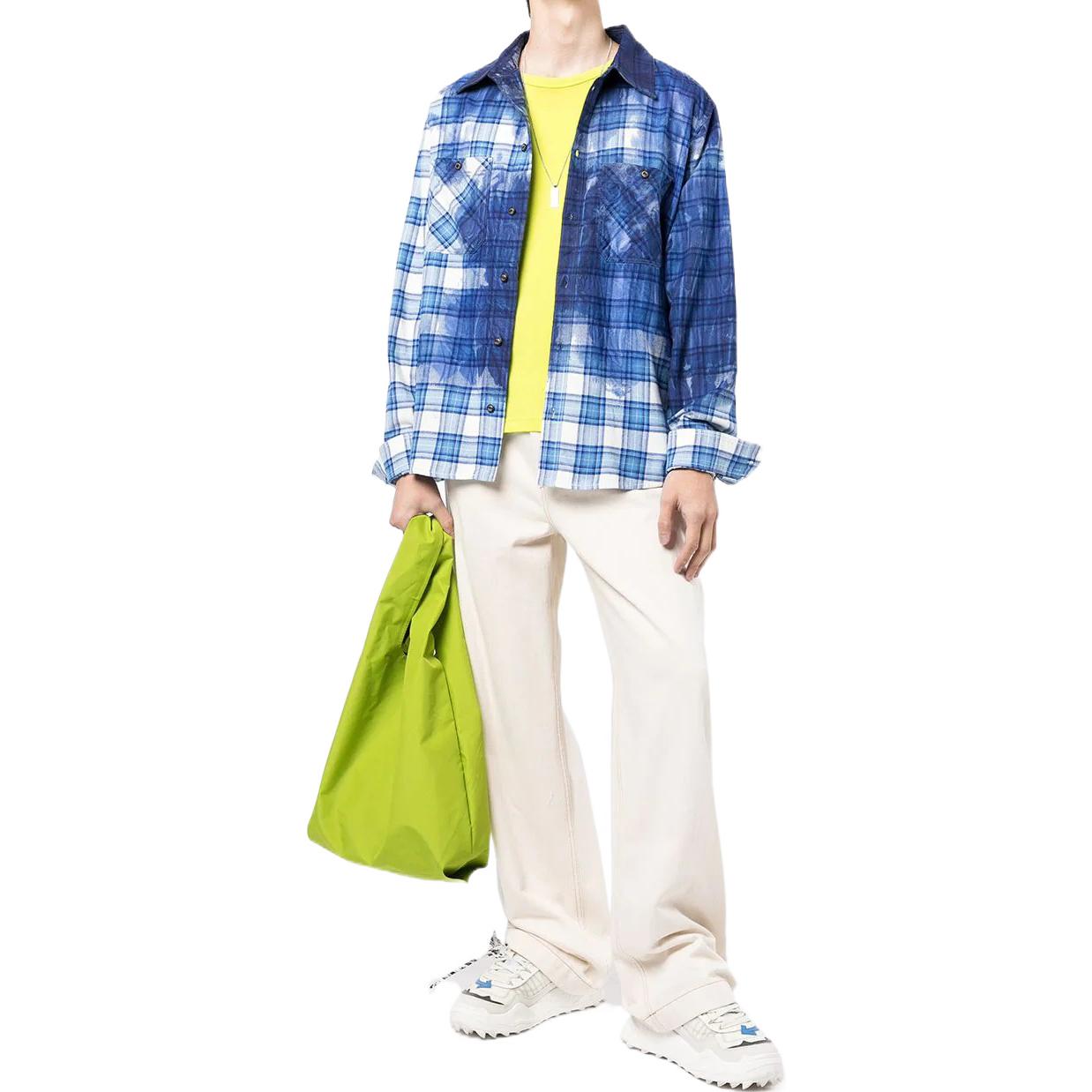 Men's Off-White FW22 Paint Splash Effect Plaid Long Sleeves Blue Shirt OMGA133G21FAB0010145