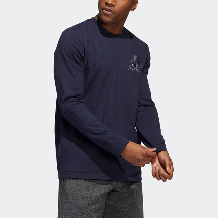Men's adidas Alphabet Pattern Printing Solid Color Round Neck Long Sleeves Ink Blue T-Shirt HK6752