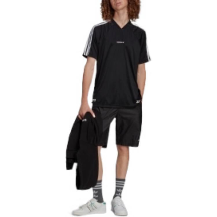 Men's adidas Stripe Logo Embroidered V Neck Pullover Short Sleeve Black T-Shirt HC7168