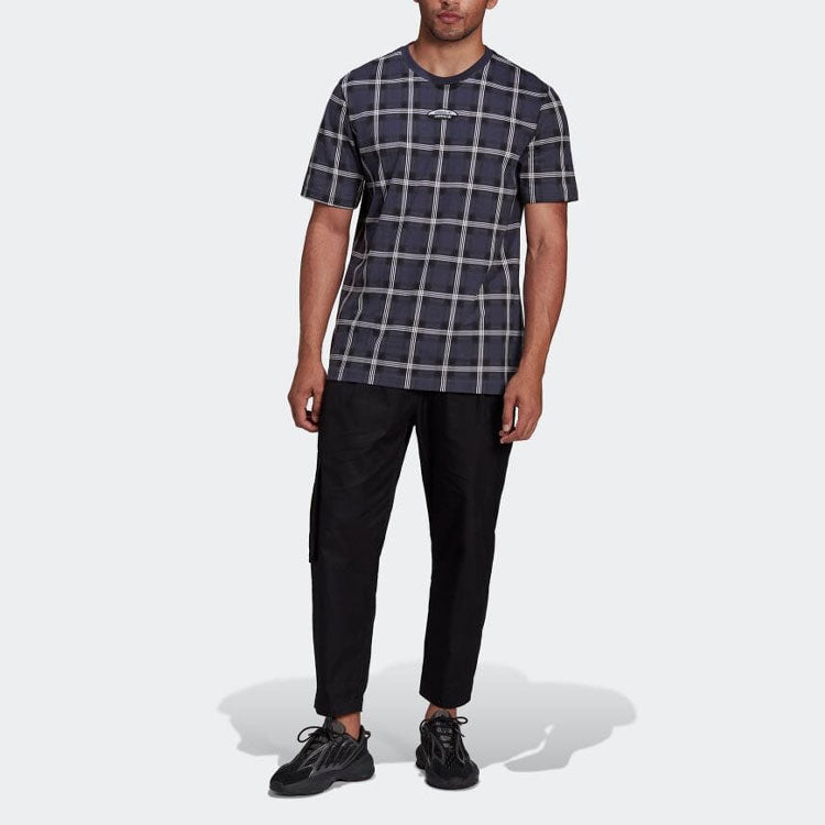 Men's adidas Plaid Casual Round Neck Pullover Short Sleeve Japanese Version Blue T-Shirt HC9495