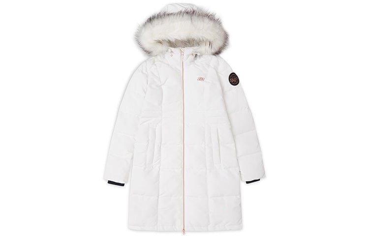 (WMNS) Skechers Long Waist-Drawstring Furry Hooded Down Jacket 'Black White' L419W046