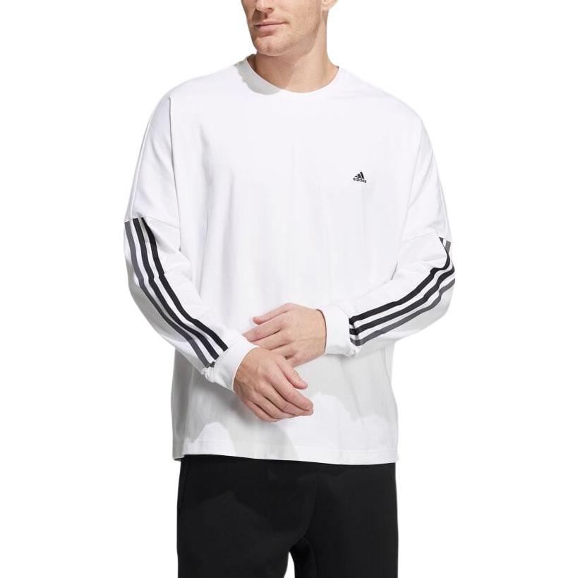 Men's adidas Stripe Logo Printing Round Neck Long Sleeves White T-Shirt HC9978