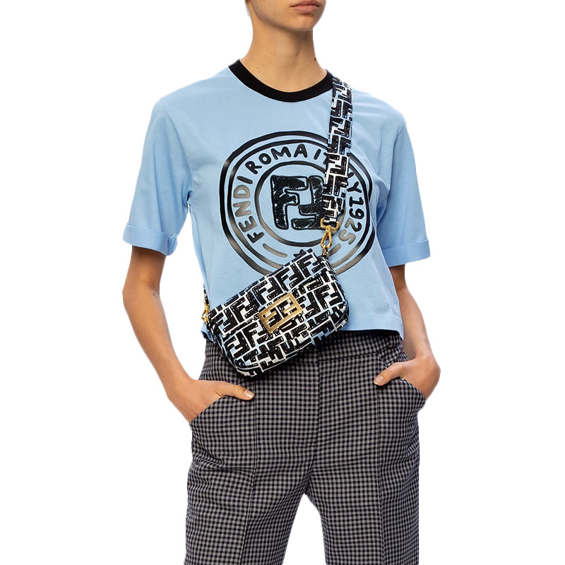 FENDI F Pattern Printing Round Neck Pure Cotton Short Sleeve Light Blue FS7183AC6EF1B64