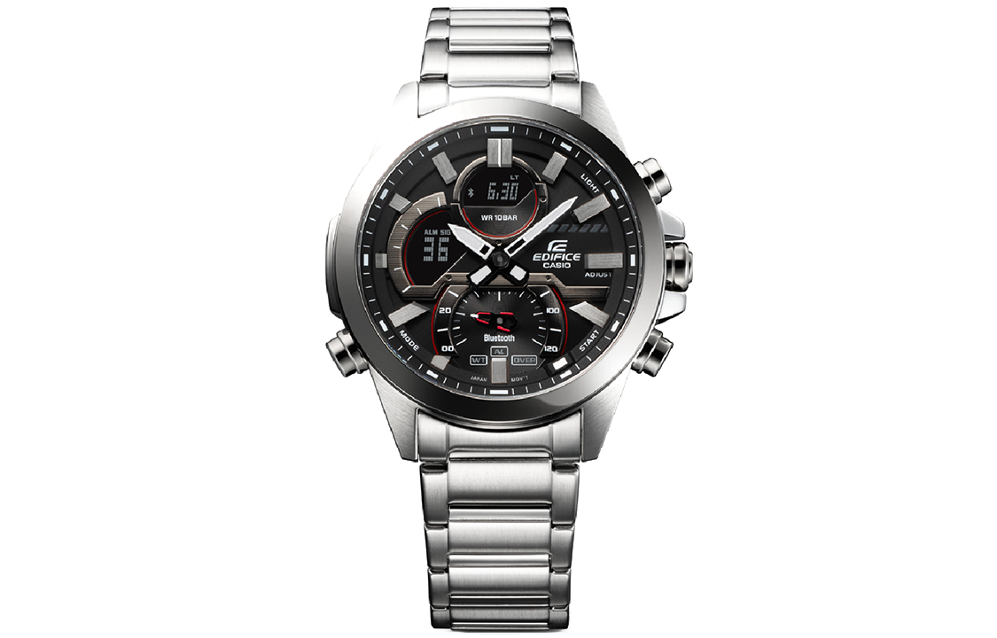 Men's CASIO edifice Series 2022 Luminous Stainless Steel Silver Strap Black Dial 100m Waterproof Watch Analog Mens ECB-30D-1A