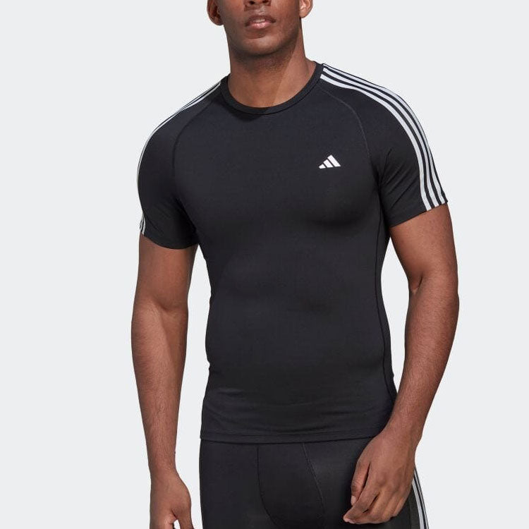 adidas Solid Color Stripe Logo Casual Round Neck Short Sleeve Black T-Shirt HD3525