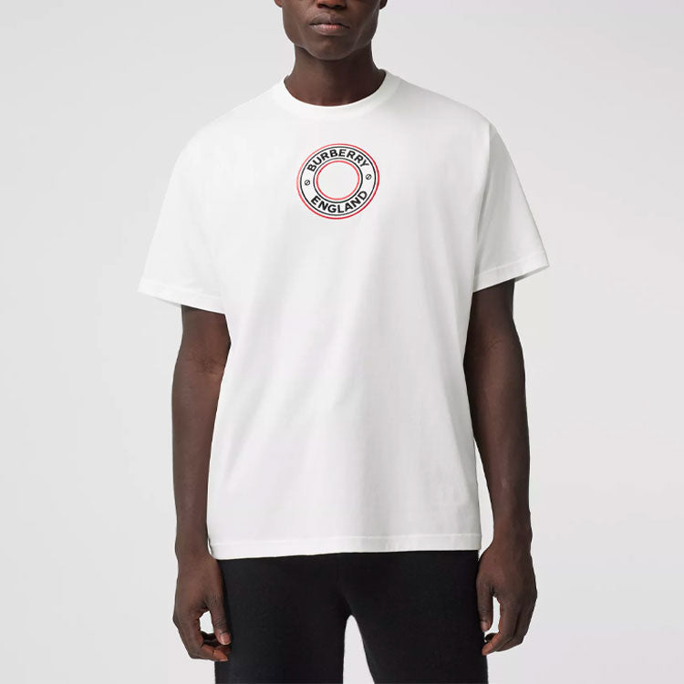 Men's Burberry Logo Pattern Intarsia Loose Short Sleeve White 80370481