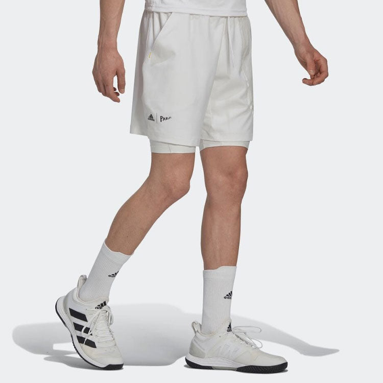 Men's adidas Solid Color 2 In 1 Athleisure Casual Sports Straight Tennis Shorts White HC8538
