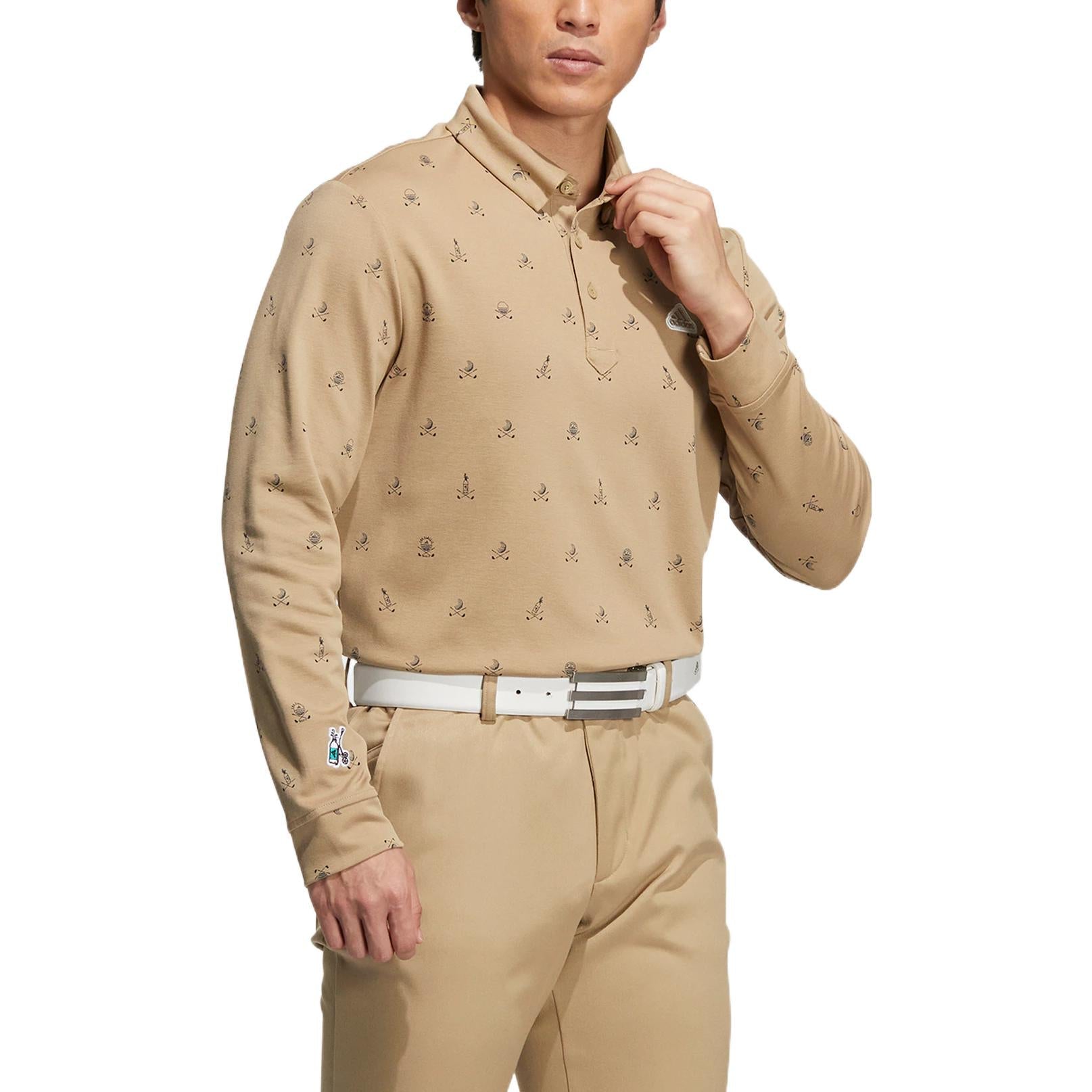 Men's adidas Solid Color Full Print Pattern Long Sleeves Hemp Color Polo Shirt HI5100