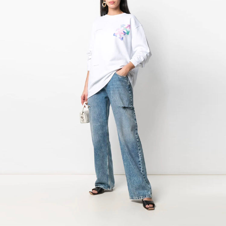 (WMNS) Off-White SS21 Printing Logo Pattern Round Neck Pullover Loose Fit White Hoodie OWBA062S21JER0010184