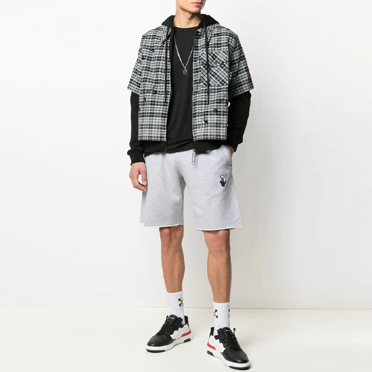 Off-White SS21 Logo Printing hooded Zipper Shirt Plaid Jacket Gray OMGA160R21FAB0014110
